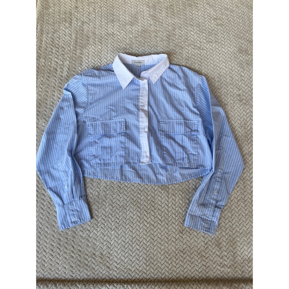 Faded Rose Womens Blue White Striped Cropped Button Down Shirt Long Sleeve L